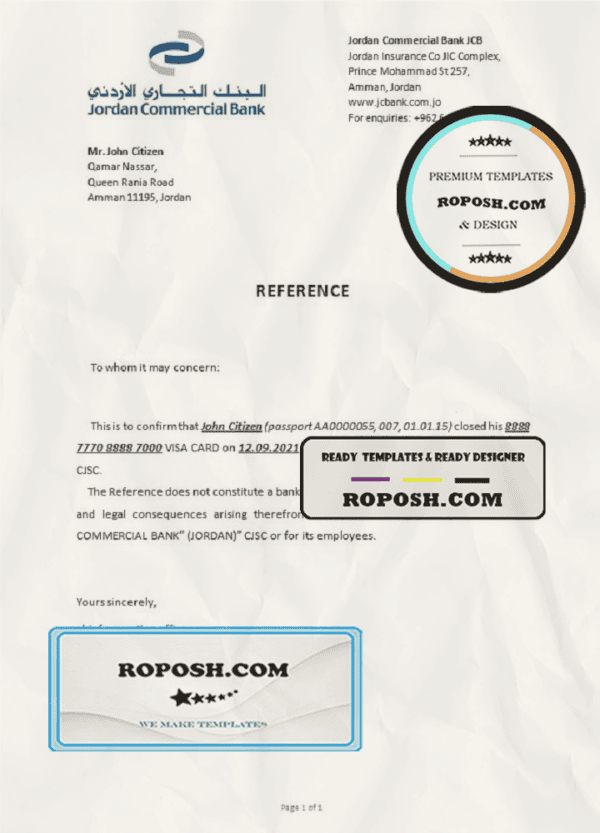 Jordan Commercial bank account closure reference letter template in Word and PDF format