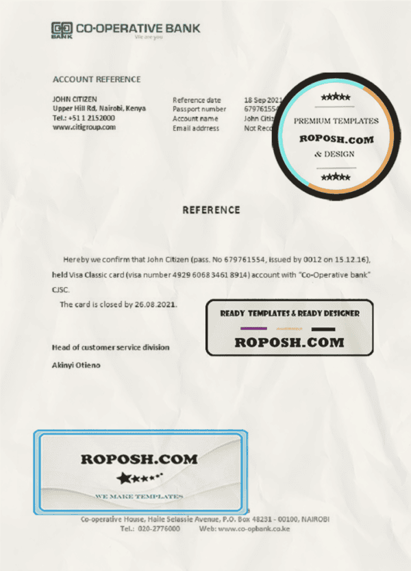 Kenya Co-operative bank account closure reference letter template in Word and PDF format