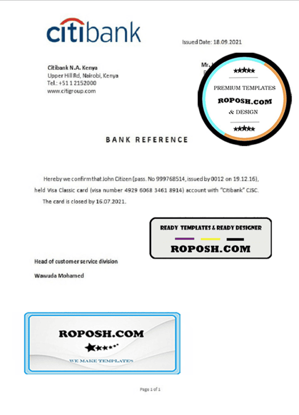 Kenya Citibank account closure reference letter template in Word and PDF format