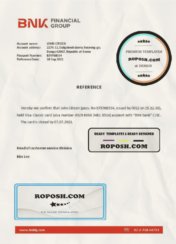 Korea BNK bank account closure reference letter template in Word and PDF format