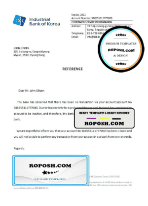 Korea Industrial Bank of Korea bank account closure reference letter template in Word and PDF format