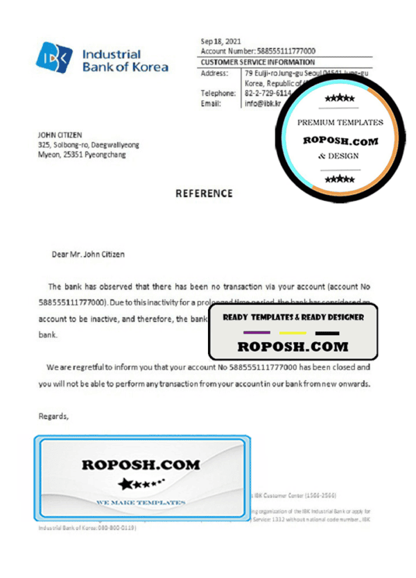 Korea Industrial Bank of Korea bank account closure reference letter template in Word and PDF format