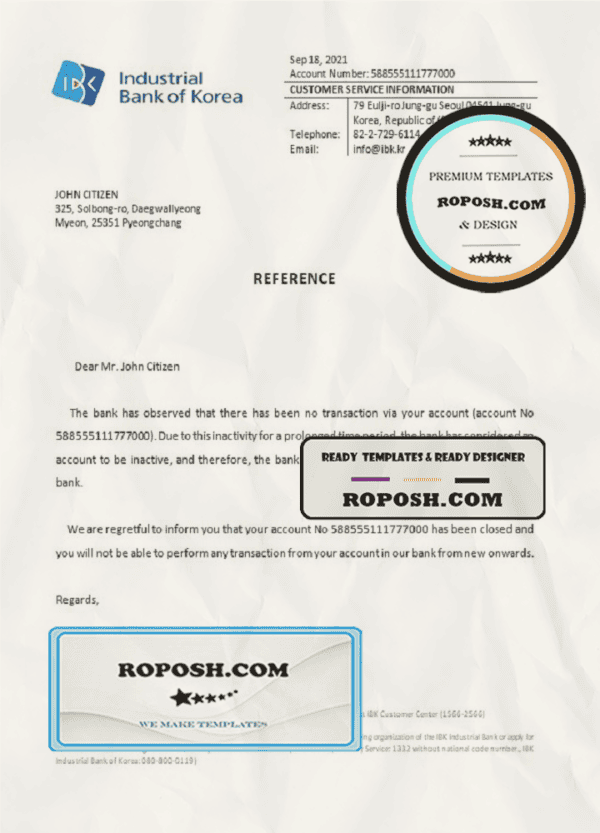 Korea Industrial Bank of Korea bank account closure reference letter template in Word and PDF format