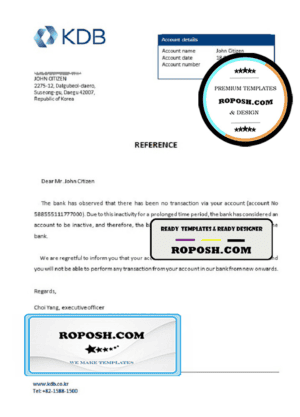 Korea KDB bank account closure reference letter template in Word and PDF format