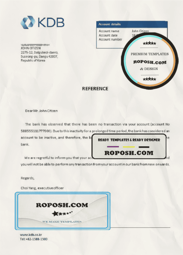 Korea KDB bank account closure reference letter template in Word and PDF format