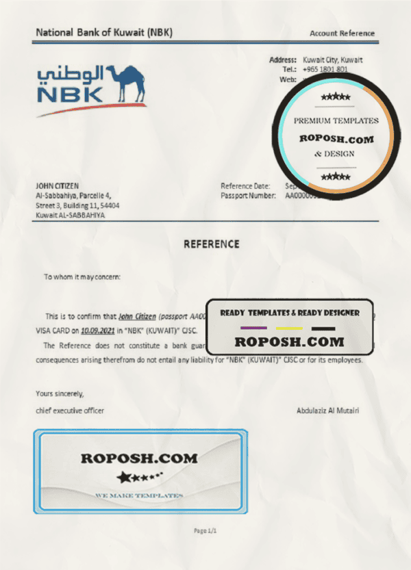 Kuwait National Bank of Kuwait bank account closure reference letter template in Word and PDF format
