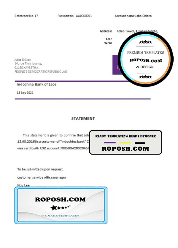 Laos Indochina Bank bank account closure reference letter template in Word and PDF format