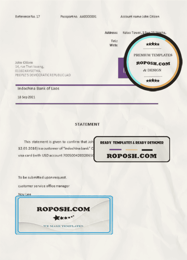 Laos Indochina Bank bank account closure reference letter template in Word and PDF format