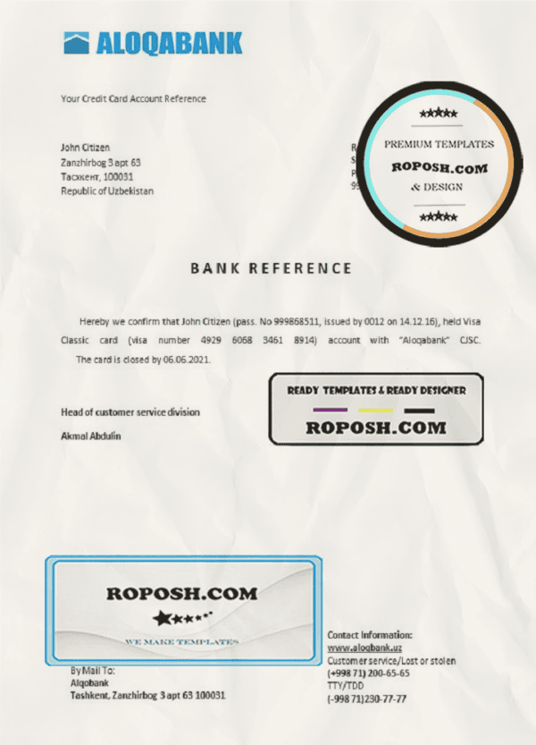Uzbekistan Aloqabank account closure reference letter template in Word and PDF format