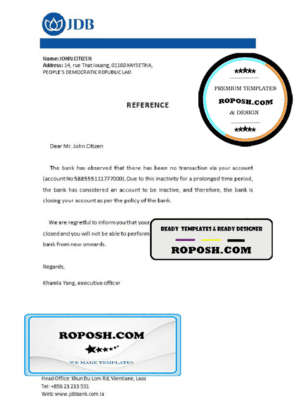 Laos Joint Development Bank bank account closure reference letter template in Word and PDF format