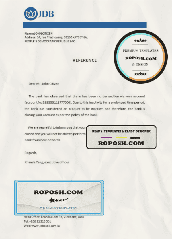 Laos Joint Development Bank bank account closure reference letter template in Word and PDF format