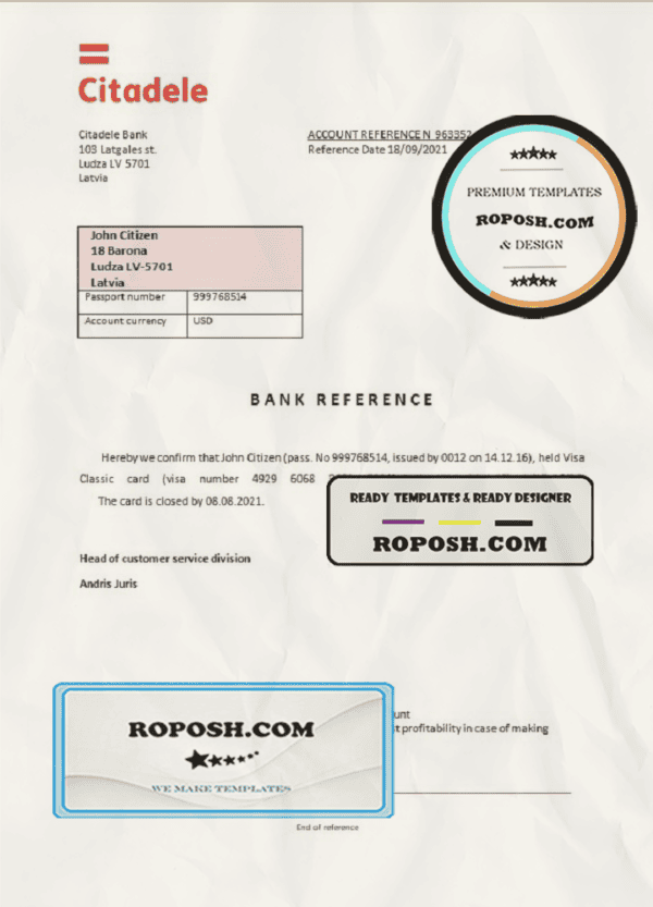 Latvia Citadele bank account closure reference letter template in Word and PDF format