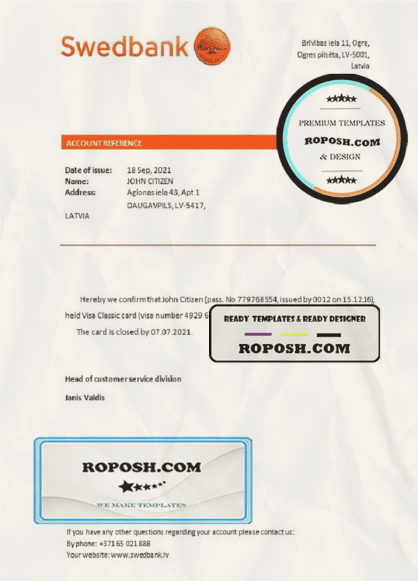 Latvia Swedbank bank account closure reference letter template in Word and PDF format