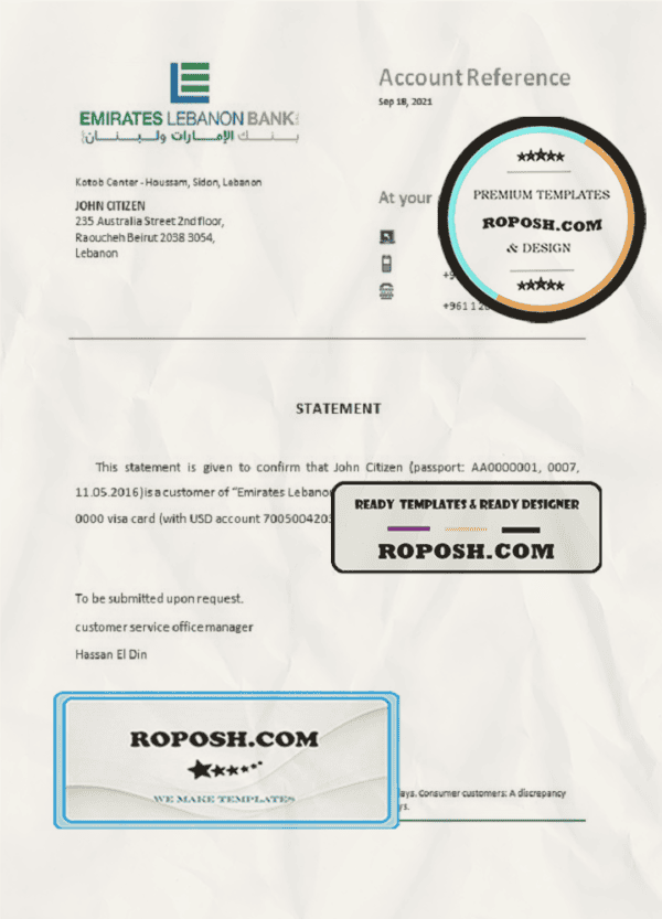 Lebanon Emirates Lebanon Bank bank account closure reference letter template in Word and PDF format
