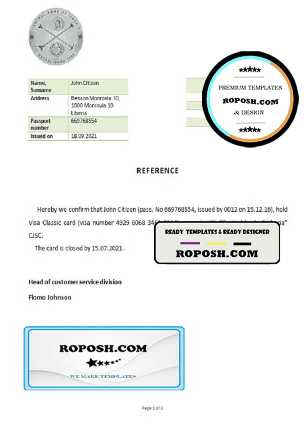 Liberia Central Bank of Liberia bank account closure reference letter template in Word and PDF format
