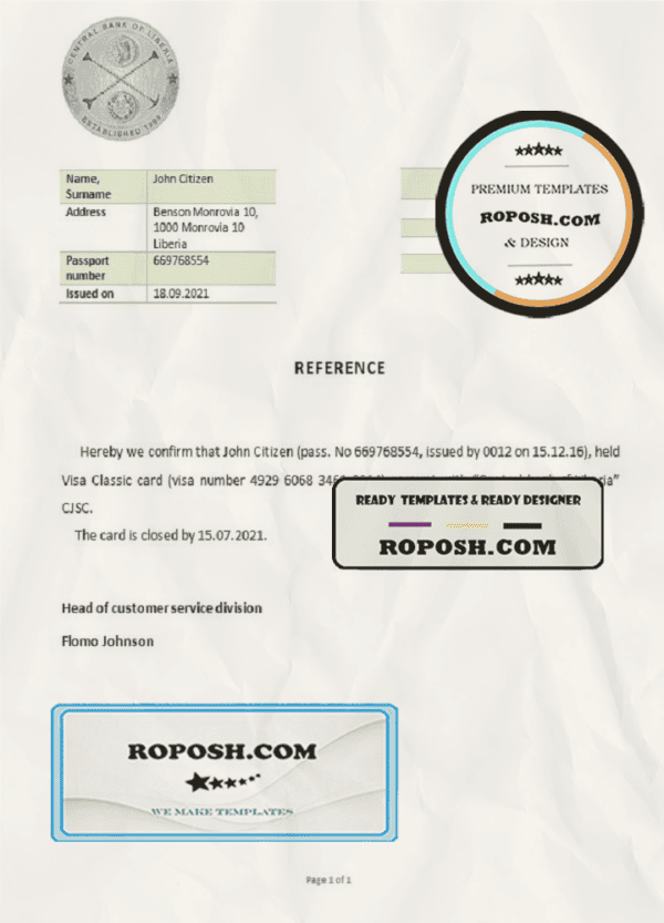 Liberia Central Bank of Liberia bank account closure reference letter template in Word and PDF format