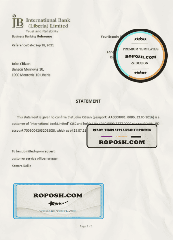 Liberia International Bank Limited bank account closure reference letter template in Word and PDF format