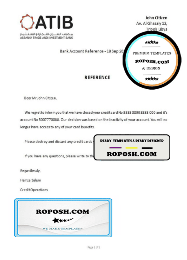Libya Assaray Bank bank account closure reference letter template in Word and PDF format