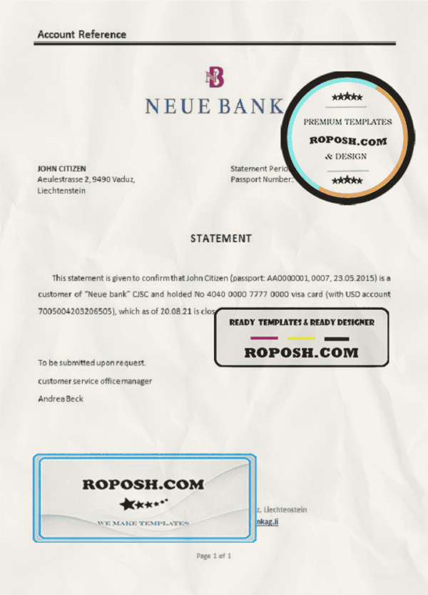 Liechtenstein Neue Bank bank account closure reference letter template in Word and PDF format