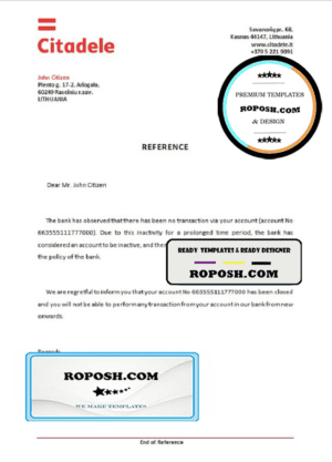 Lithuania Citadele bank account closure reference letter template in Word and PDF format