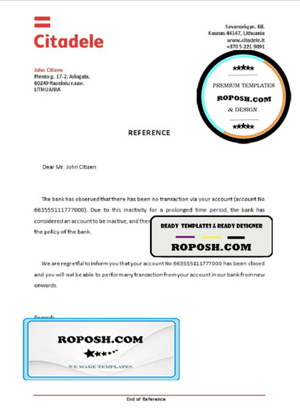 Lithuania Citadele bank account closure reference letter template in Word and PDF format