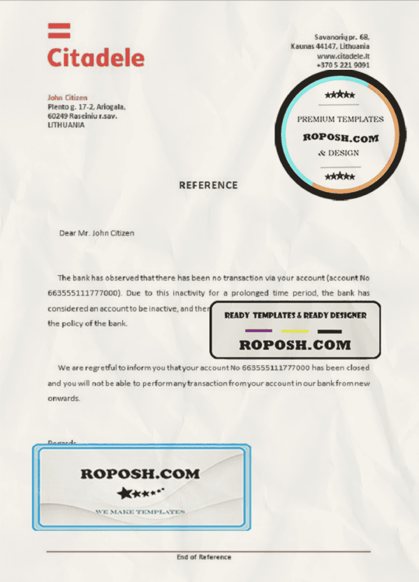 Lithuania Citadele bank account closure reference letter template in Word and PDF format