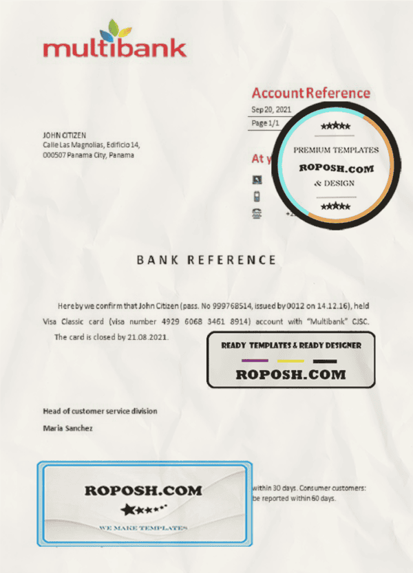 Panama Multibank bank account closure reference letter template in Word and PDF format
