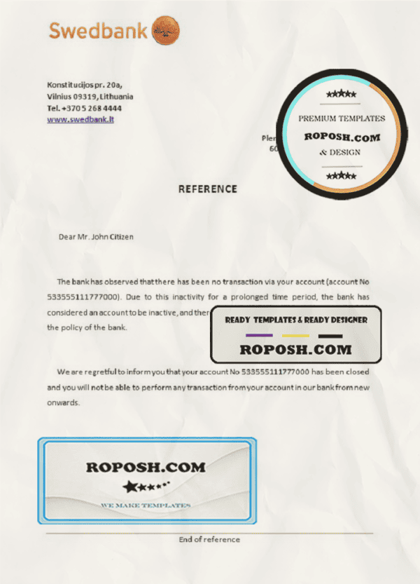 Lithuania Swedbank bank account closure reference letter template in Word and PDF format