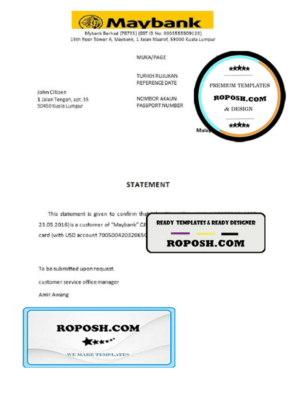 Malaysia Maybank bank account closure reference letter template in Word and PDF format