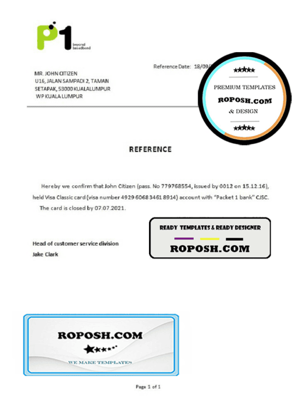 Malaysia Packet 1 Network bank account closure reference letter template in Word and PDF format