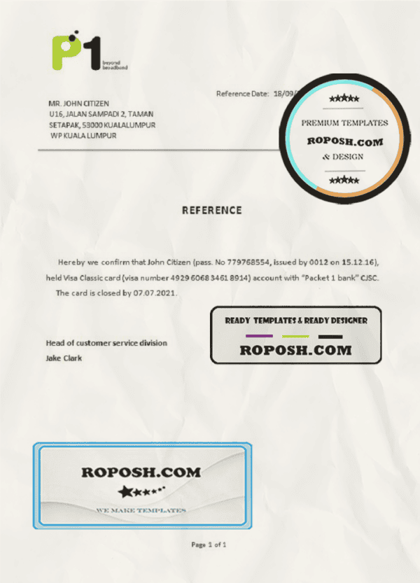 Malaysia Packet 1 Network bank account closure reference letter template in Word and PDF format