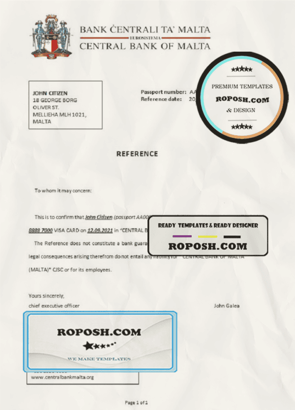 Malta Central Bank of Malta bank account closure reference letter template in Word and PDF format