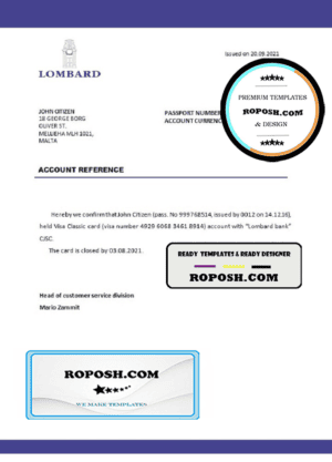Malta Lombard bank account closure reference letter template in Word and PDF format