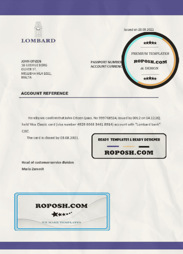 Malta Lombard bank account closure reference letter template in Word and PDF format