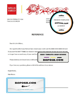 USA Wells Fargo Bank account closure reference letter template in Word and PDF format