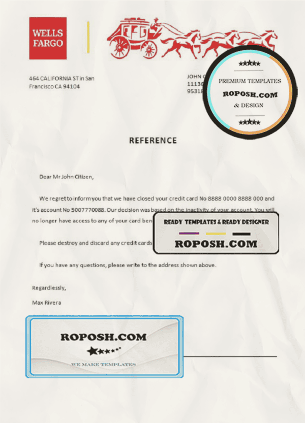 USA Wells Fargo Bank account closure reference letter template in Word and PDF format