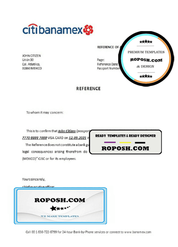 Mexico Citibanamex bank account closure reference letter template in Word and PDF format