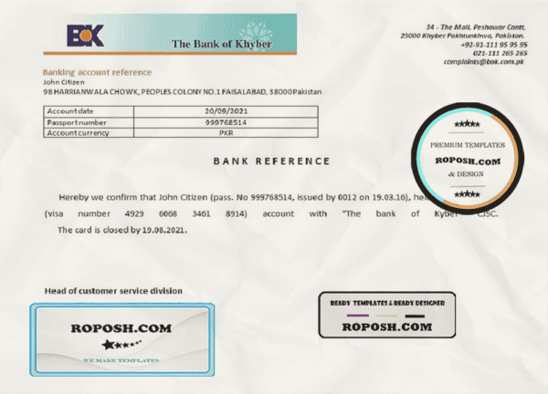 Pakistan Khyber bank account closure reference letter template in Word and PDF format