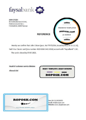 Pakistan Faysalbank bank account closure reference letter template in Word and PDF format