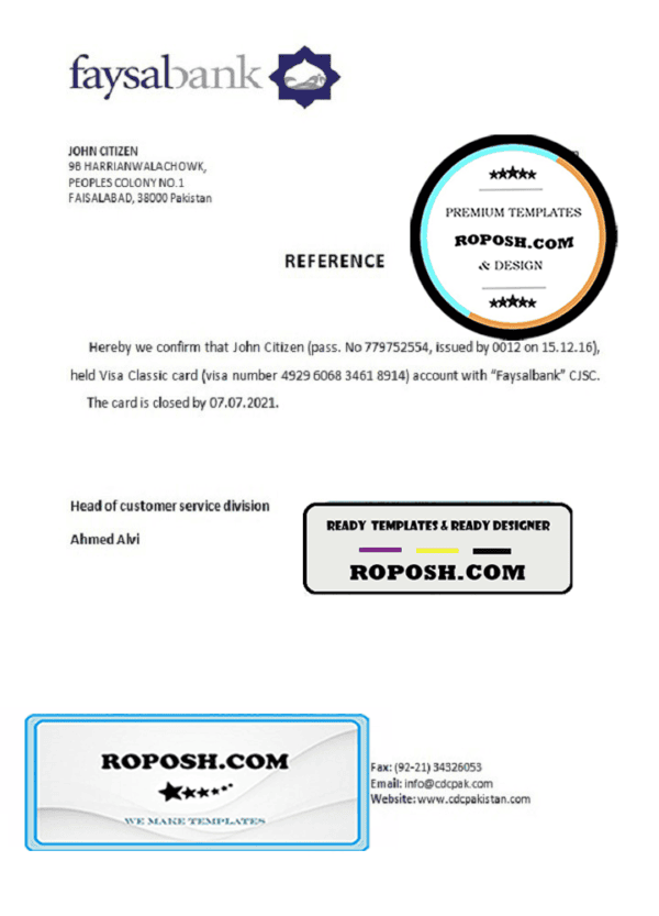 Pakistan Faysalbank bank account closure reference letter template in Word and PDF format