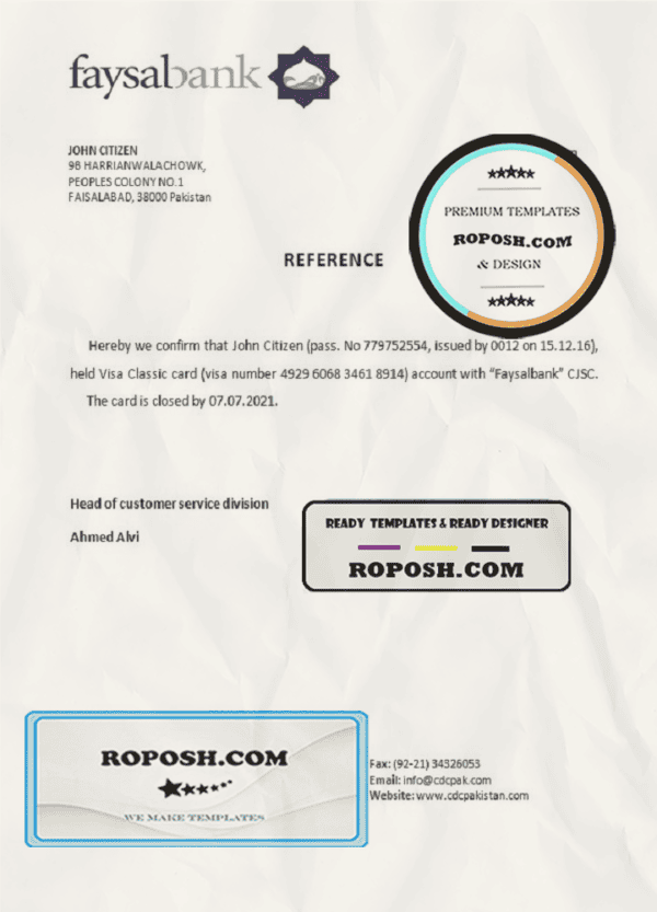 Pakistan Faysalbank bank account closure reference letter template in Word and PDF format