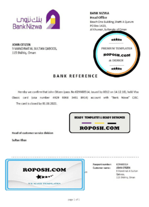 Oman Bank Nizwa bank account closure reference letter template in Word and PDF format