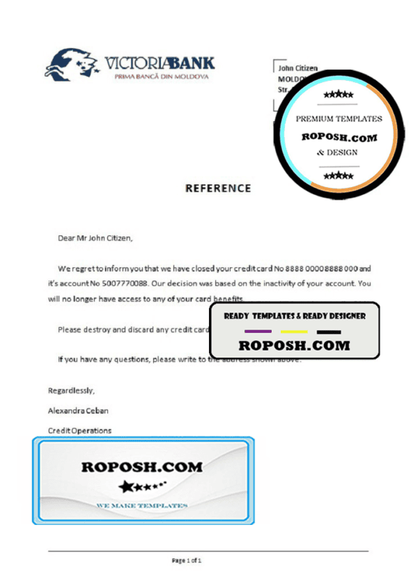 Moldova Victoriabank bank account closure reference letter template in Word and PDF format