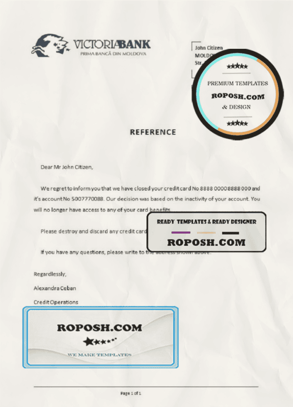 Moldova Victoriabank bank account closure reference letter template in Word and PDF format