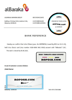 Bahrain Al Baraka bank account closure reference letter template in Word and PDF format