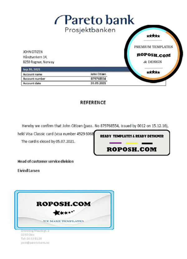 Norway Pareto Bank bank account closure reference letter template in Word and PDF format