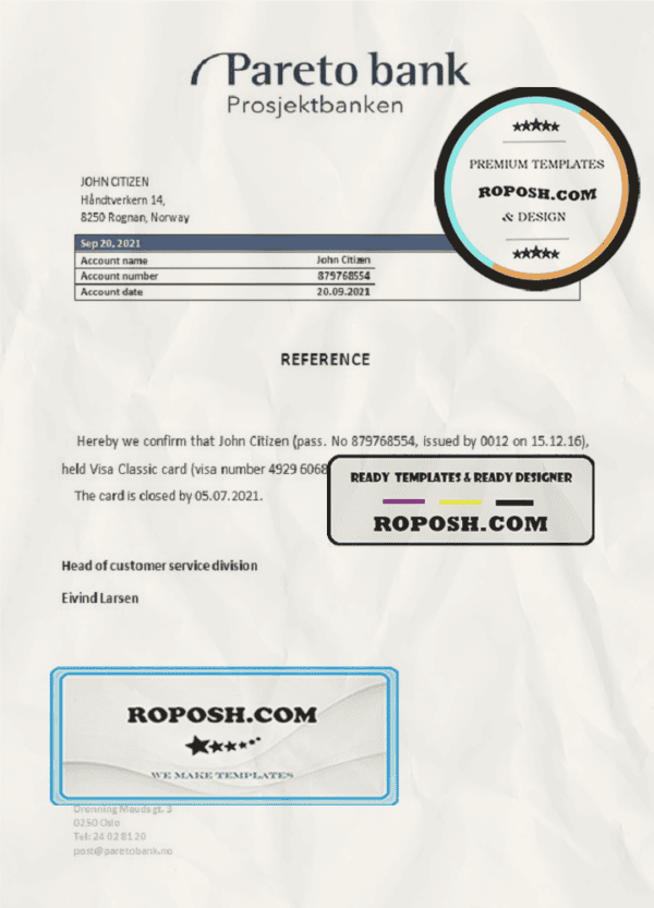 Norway Pareto Bank bank account closure reference letter template in Word and PDF format