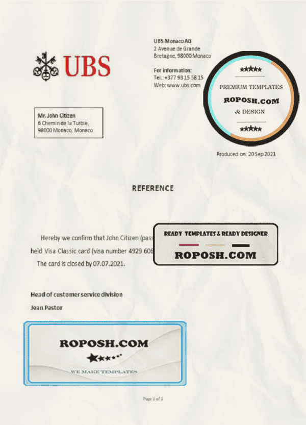 Monaco UBS bank account closure reference letter template in Word and PDF format