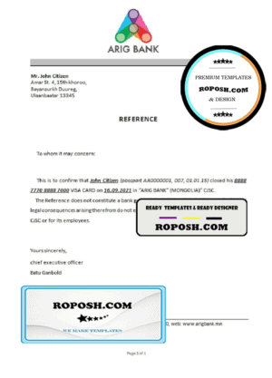 Mongolia Arig Bank bank account closure reference letter template in Word and PDF format