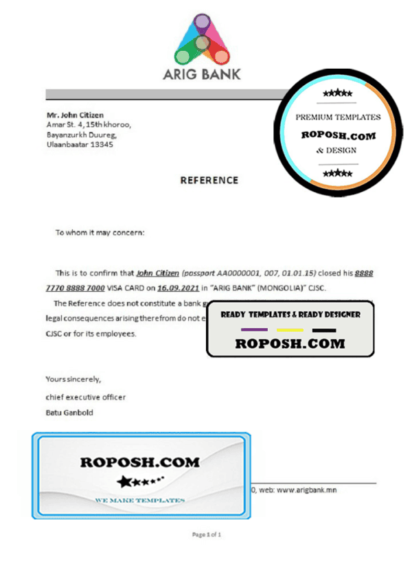 Mongolia Arig Bank bank account closure reference letter template in Word and PDF format